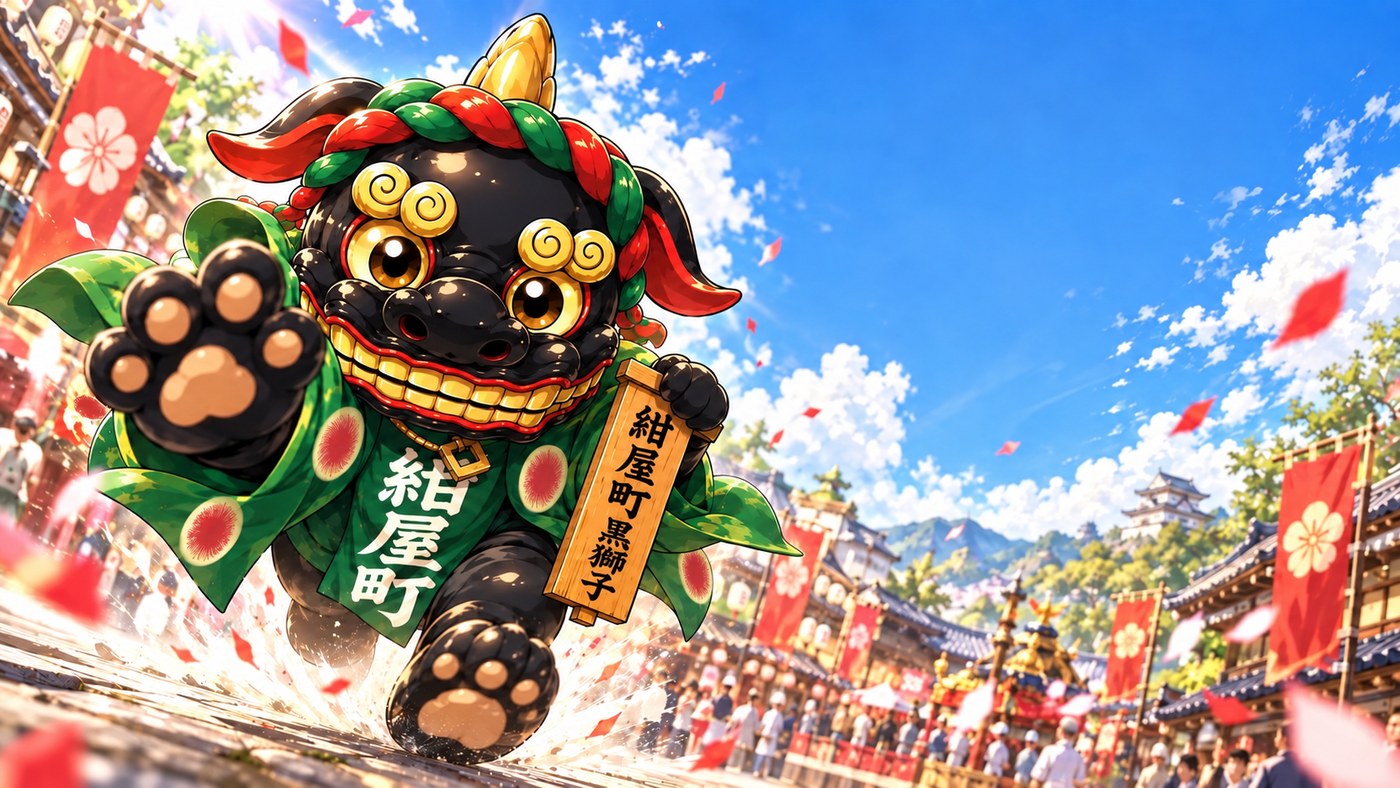 祭りの町を駆ける黒獅子くん