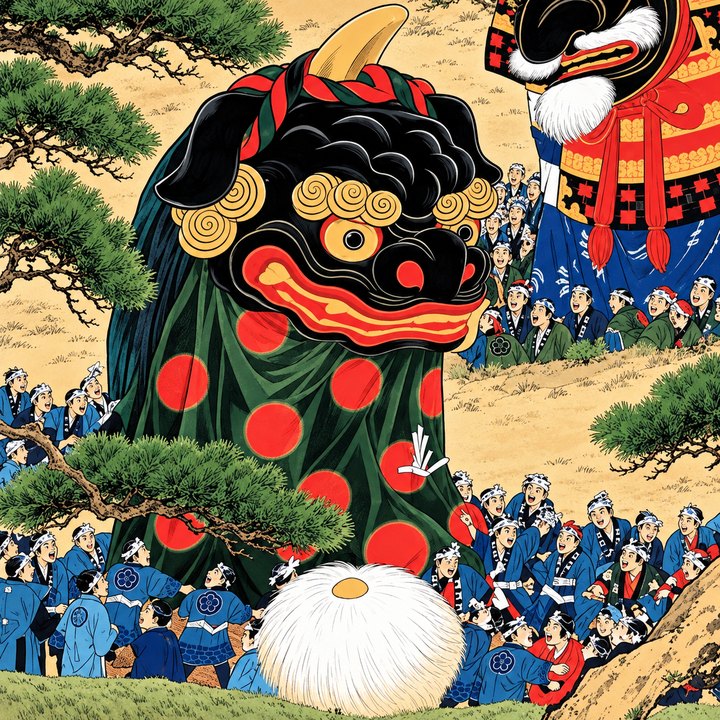 唐津神祭行列図に描かれた紺屋町の黒獅子を再現したイラスト